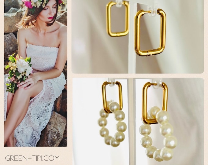 Rechteckige Creolen gold,Rechteck Creole,goldene Kreolen geometrisch,eckige Ohrringe mit Perlen Anhäger,Huggie minimalistisch Rechteck Perle