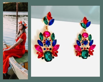 Flower earrings*Summer earrings colorful*Flower earrings pink blue green*Flower earrings wedding*Crystal earrings blue green*Glass crystal earrings