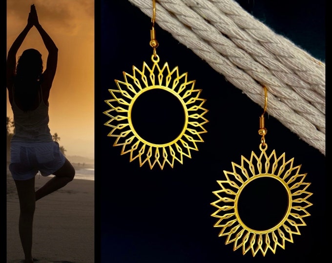 Sun earrings stainless steel gold plated, golden sun earrings hanging, long hanging earrings gold, large round boho earrings, spiritual gift