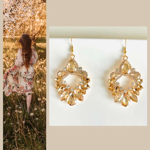 Earrings gold hanging champagne chandelier/crystal hanging earrings rhinestone zirconia/gold eye-catching earrings for wedding party/earrings