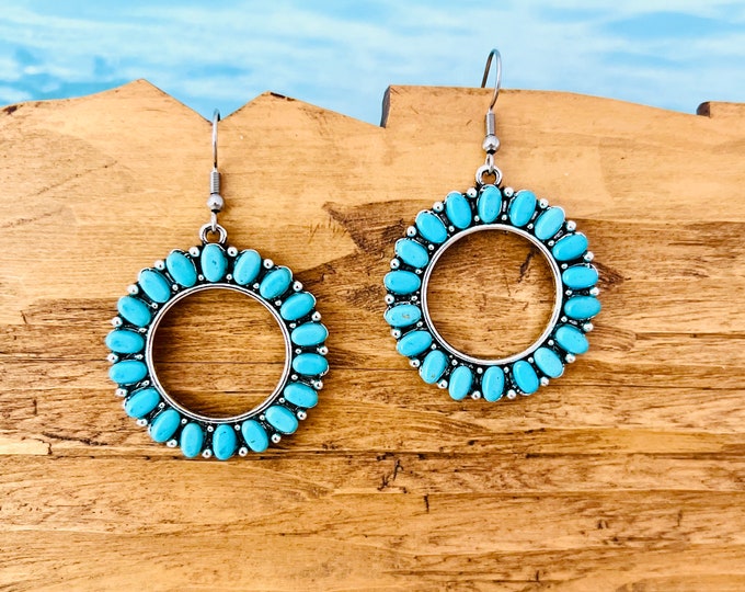 Ethnic earrings turquoise silver*ethnic earrings with gemstone*circle earrings hanging*round earrings turquoise silver with stone*statement earrings