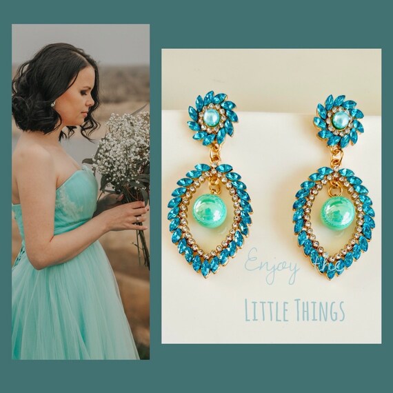 Crystal earrings blue green turquoise gold/large pearl earrings teardrop shape/statement earrings hanging leaf flower/pearl crystal earrings woman