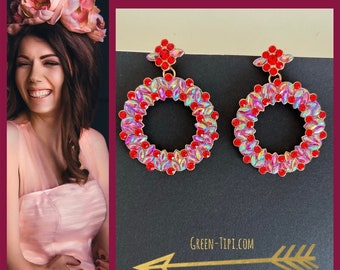 Red flower earrings*Red statement earrings*Red boho earrings*Pink red large earrings*Red stone earrings*Circle earrings*Pink glass earrings