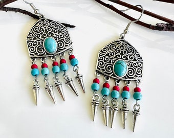 Indian earrings turquoise silver/boho earrings/hippie hanging earrings/statement earrings/blue red/Canada/Indian jewelry/gift woman