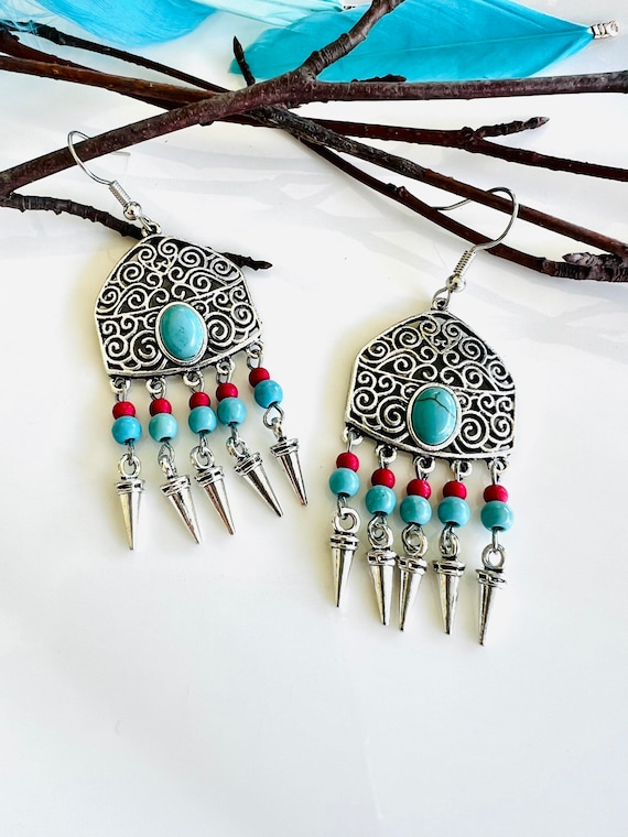 Indian earrings turquoise silver/Boho earrings/Hippie earrings/Statement earrings blue red/Western Country jewelry/Cowgirls gift