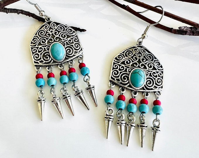 Indian earrings turquoise silver/Boho earrings/Hippie drop earrings/Statement earrings blue red/Western Country jewelry/Cowgirls gift