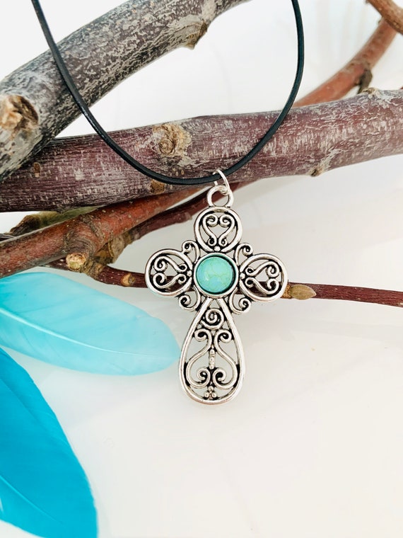 Christian gift/cross necklace silver turquoise blue/cross pendant/cross necklace/faith/baptism/confirmation/communion/birth gifts