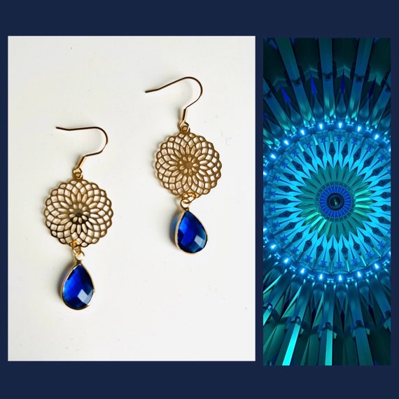 Gold blue long hanging earrings/blue golden flower of life mandala flower blossom earrings hanging/ornament crystal earrings drop teardrop shape
