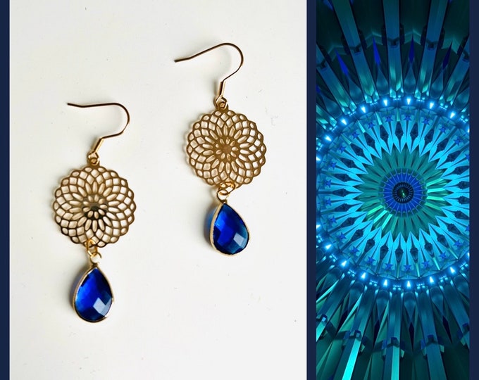 Blue earrings hanging shapes*Blue earrings hippie*Mandala earrings gold*Mandala earrings silver*Earrings with blue stone hanging