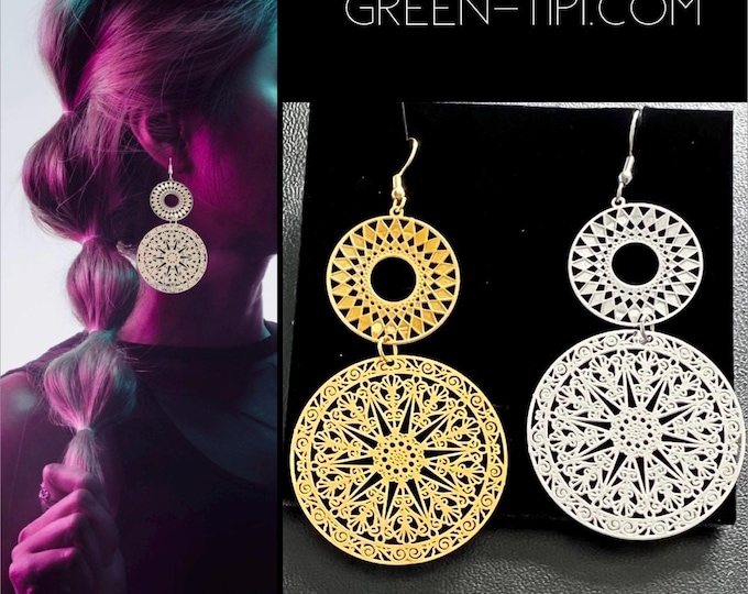 Long earrings gold circles*Circle earrings gold large*Mandala earrings*Round hanging earrings*Disc earrings*Earrings discs silver