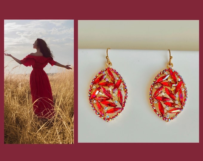 Red earrings gold*red earrings large*red earrings modern*red earrings etsy*crystal earrings red gold*red crystal earrings*dangle earrings