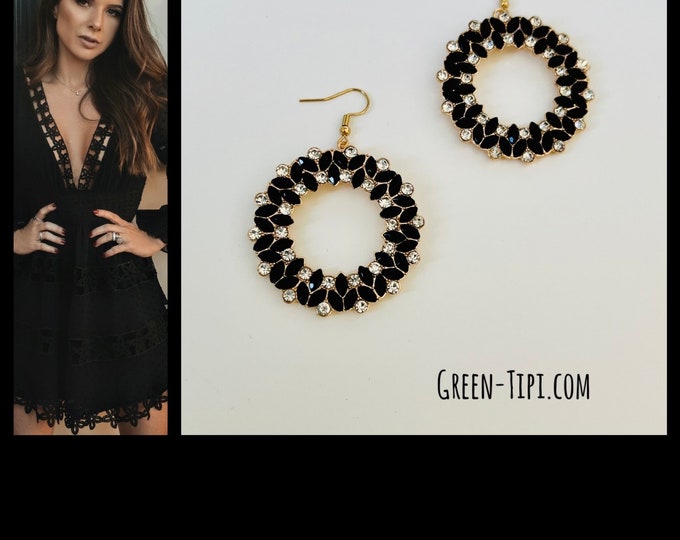 Black earrings round hanging, glitter earrings party, round hanging earrings large black gold glitter, crystal earrings, large statement earrings