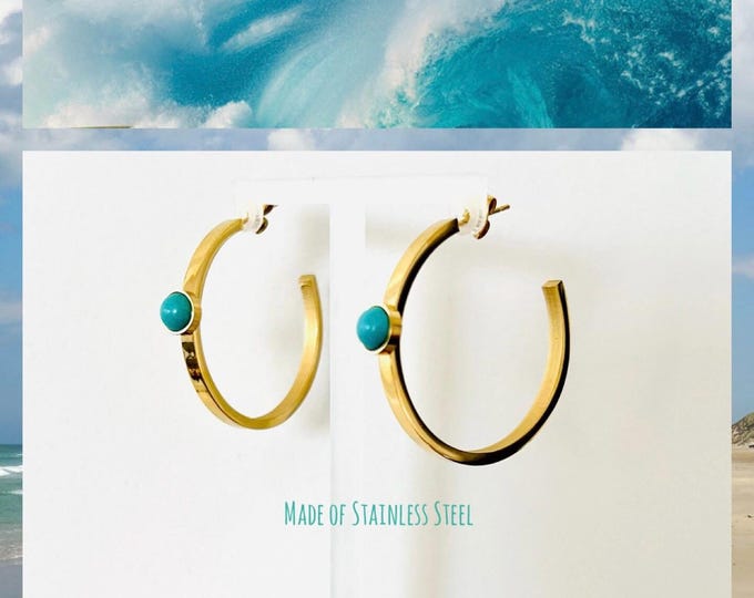 Turquoise hoop earrings gold*Hoop earrings gold with turquoise stone*Hoop earrings gold made of stainless steel*Golden hoop earrings statement with turquoise pearl*Open hoop earrings 18K