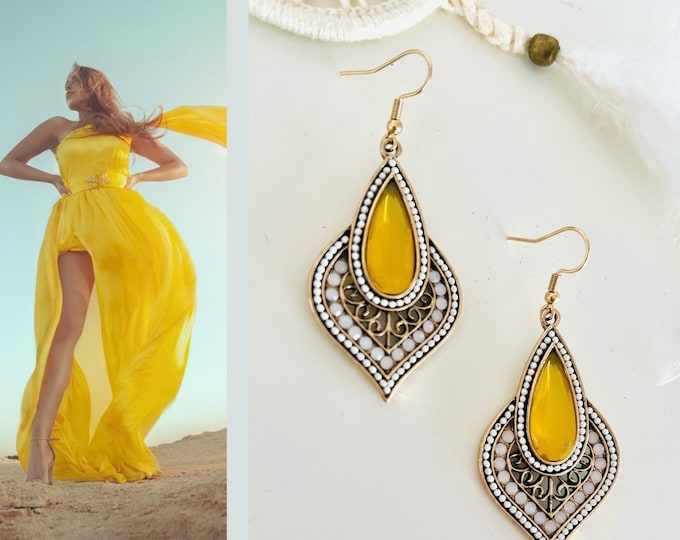 Yellow earrings*Yellow earrings*Yellow and cognac earrings*Yellow pearl earrings*Yellow gold earrings*Long drop earrings
