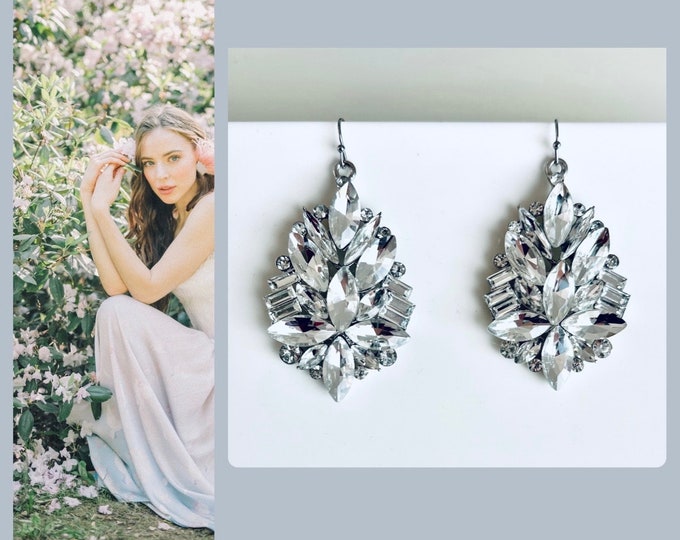 Crystal earrings long zirconia silver/long crystal earrings hanging/large statement earrings/eye-catching crystal earrings bride/wedding