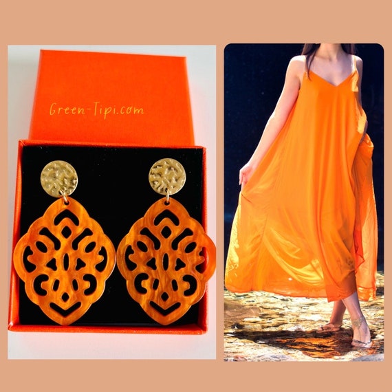 Orange earrings resin ornament baroque/large long earrings light gold silver hanging/drop statement earrings/leaf/boho wedding earrings