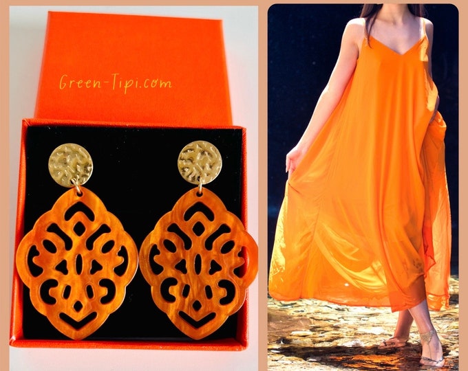 Earrings orange *Earrings orange gold *Earrings orange *Acetate earrings orange *Resin ornament earrings *Baroque earrings drops