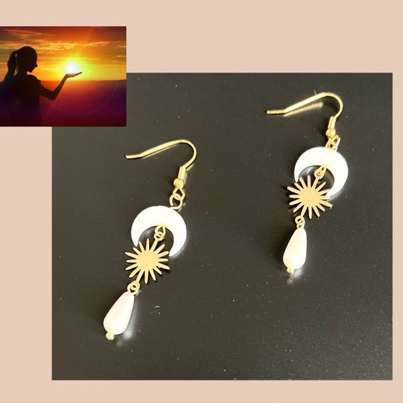 Crescent Moon Earrings Sun Gold Long Hanging/Golden Long Hanging Sun/Spiritual Jewelry/Bead Earrings/Boho Sun Hanging Earrings Yoga