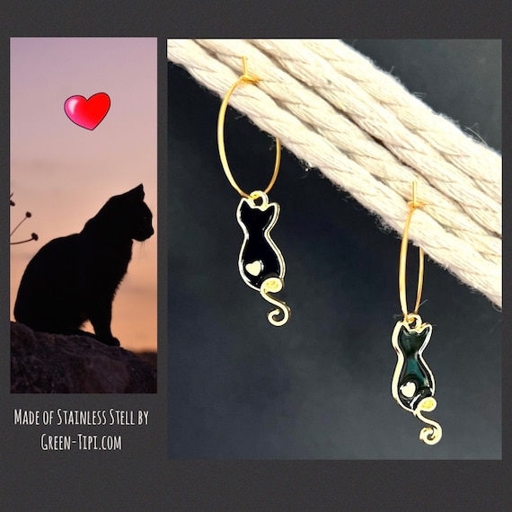 Cat earrings gold cat pendant/cat earrings hanging black/black cat/gift cat lover cat mom/hoop hoops tomcat