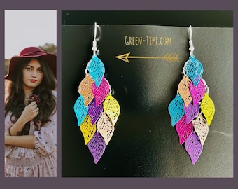 Large long hanging earrings colorful, 80s statement earrings leaf leaves, festival boho hippie earrings hanging, wedding party earrings dangling