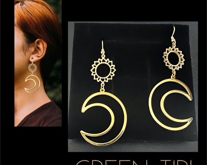 Half moon earrings gold*Golden moon earrings hanging*Spiritual jewelry*Statement hippie earrings*Sun earrings made of gold-plated stainless steel