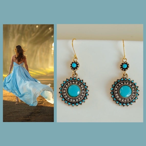 Circle round turquoise gold statement earrings blue/golden blue earrings/boho hippie hanging earrings zirconia/ethnic earrings hanging/Canada