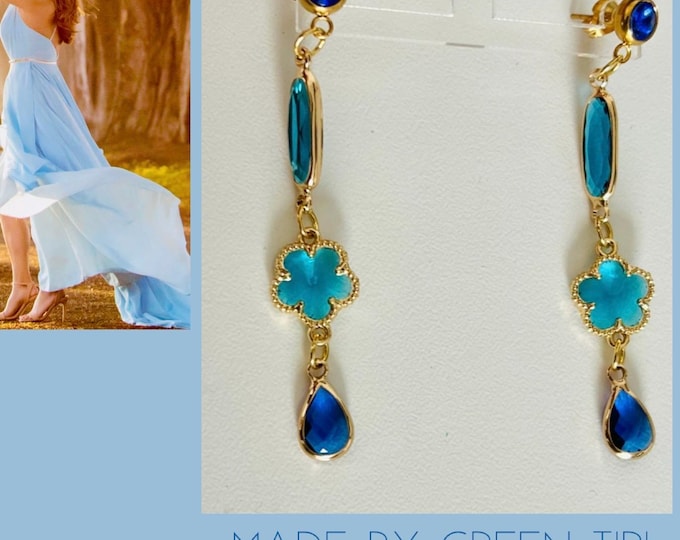 Blue earrings hanging shapes*Crystal earrings elongated*Long earrings gold blue turquoise*Blue crystal earrings*Earrings blue gold elegant