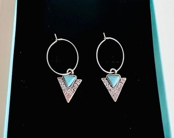 Silver hoop earrings with charm*Hoop earrings with triangle pendant*Hoop earrings silver with stone*Turquoise earrings stainless steel*Hoop earrings blue*