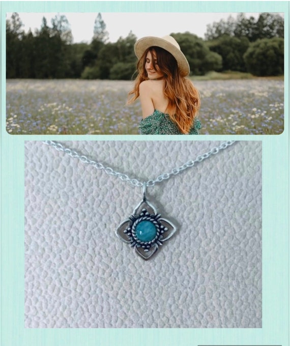 Amazonite silver necklace/minimalist blossom flower necklace/lotus blossom/flower/delicate chain dainty necklace blue gemstone blue/gift