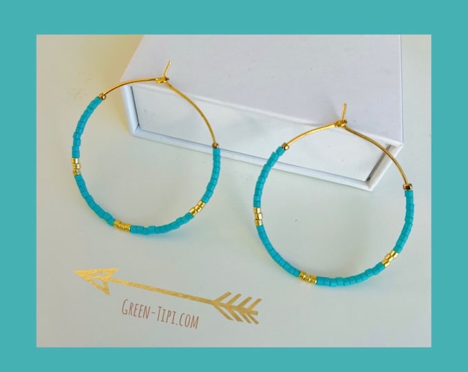 Boho earrings hoop earrings gold turquoise green*Thin hoop earrings with colorful stones*Bicolor hoops*Large hoop earrings*Statement earrings blue green*Ethnic hoop earrings