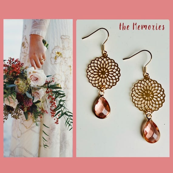 Rose gold long hanging earrings/pink rose gold flower of life mandala flower blossom earrings hanging/ornament crystal earrings drop teardrop shape