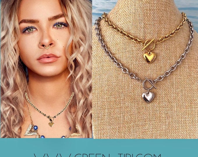 Heart choker necklace silver*Heart necklace gold*Heart necklace silver*Heart pendant*Heart necklace silver statement*Golden heart necklace*Toggle clasp necklace