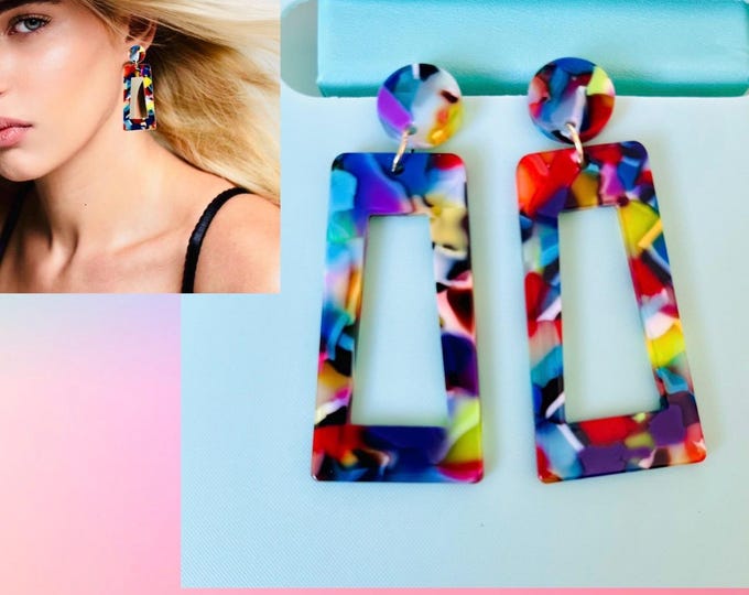 Acetate earrings colorful*Acetate earrings hanging colorful*Rectangular earrings*Statement earrings resin*Statement earrings square*large colorful earrings