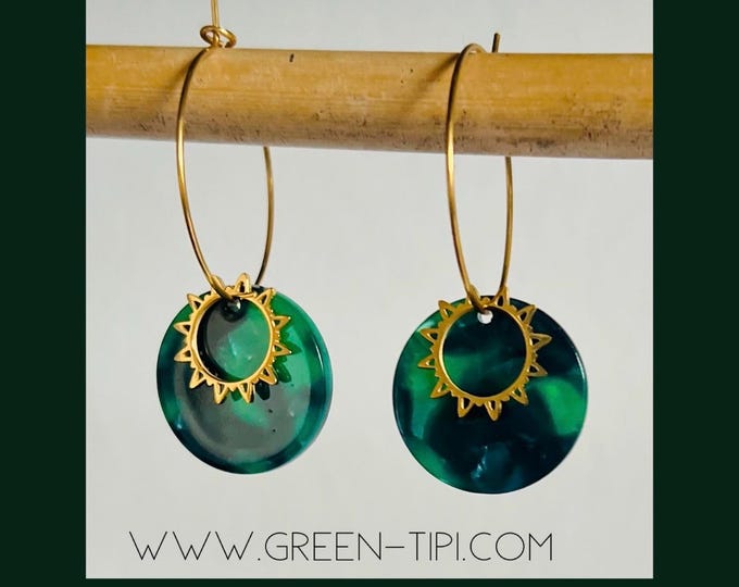 Hoop earrings with plate*Gold hoop earrings with green pendant*Hoop earrings with sun pendant*Hoop earrings dark green*Hoop earrings large gold stainless steel