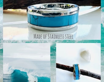 Turquoise blue silver ring*silver statement ring*Indian ring*smooth stainless steel ring, surfer ring*blue boho ring*anniversary gift