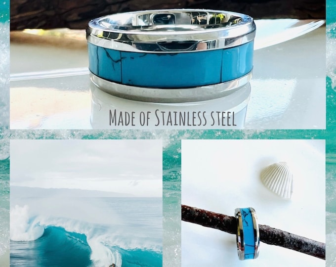 Turquoise blue silver ring*silver statement ring*Indian ring*smooth stainless steel ring, surfer ring*blue boho ring*anniversary gift