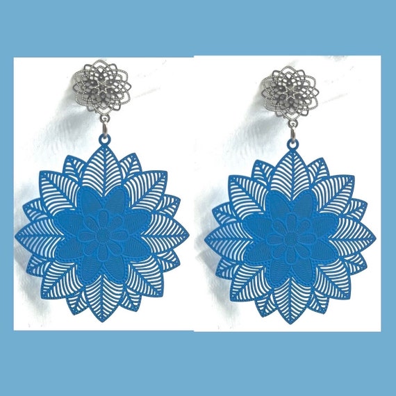 Large blue earrings silver gold blue/light statement earrings hanging/flower floral blossom boho hanging earrings lotus blossom/floral earrings