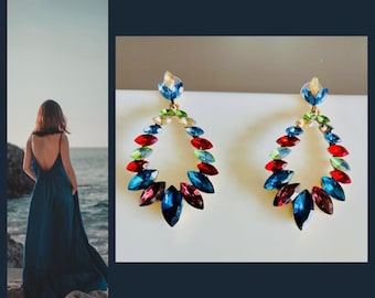 Colorful crystal earrings*Colorful glass earrings*Long crystal earrings*Wedding earrings*Elegant earrings*Crystal leaf earrings