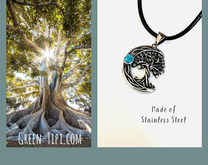 Tree of life necklace with pendant, tree of life necklace silver blue, world tree, half moon necklace with turquoise stone, gift for nature lovers