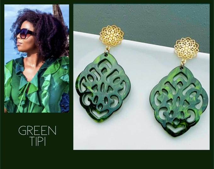 Acetate earrings green*Earrings resin dark green*Baroque ornament earrings*large green earrings*Statement drop earrings leaf green gold silver
