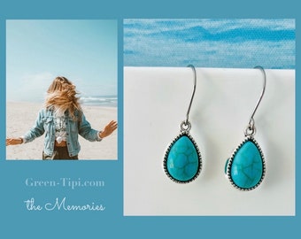 Drop oorbellen zilver/kleine turquoise zilveren oorbellen hangende druppelvorm/zoete blauwe hangende oorbellen licht/Boho/Hippie/Indiase sieraden ethno