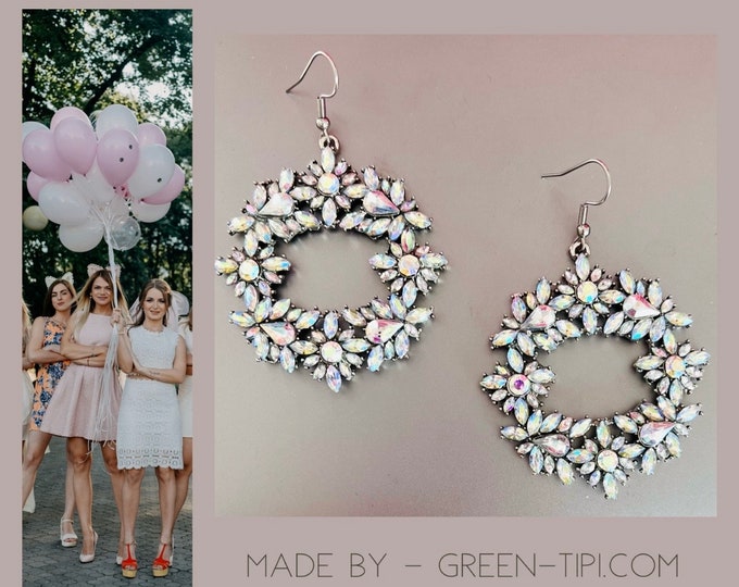 Glitter earrings silver*Large earrings round*Glass pearl earrings wedding hanging*Crystal earrings round*Crystal earrings hanging