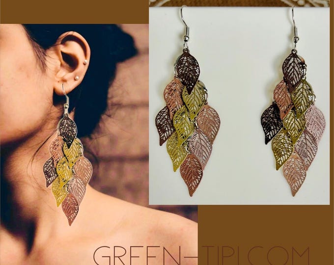 Brown earrings*Boho earrings gold brown*Dangle earrings long*Light earrings hanging*Earrings leaf dangling*Hippie earrings*Earrings colored