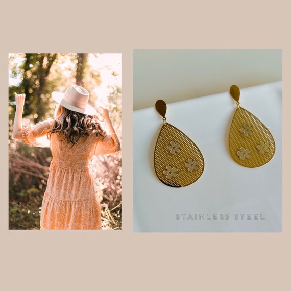 Gold hanging drop earrings/large long gold teardrop shape hanging earrings/statement ornament flowers/leaf/boho glamor party wedding