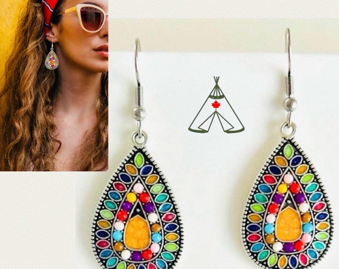 Boho earrings colorful*Colorful drop earrings hanging*Orange pink earrings with beads*Hippie earrings*Ethno hanging earrings*Colored earrings colorful