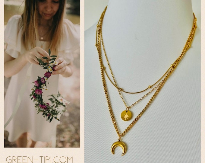 Moon necklace filigree*Half moon necklace gold*Layering necklace Boho*Plate necklace enamel,Moon pendant*Layering necklace gold
