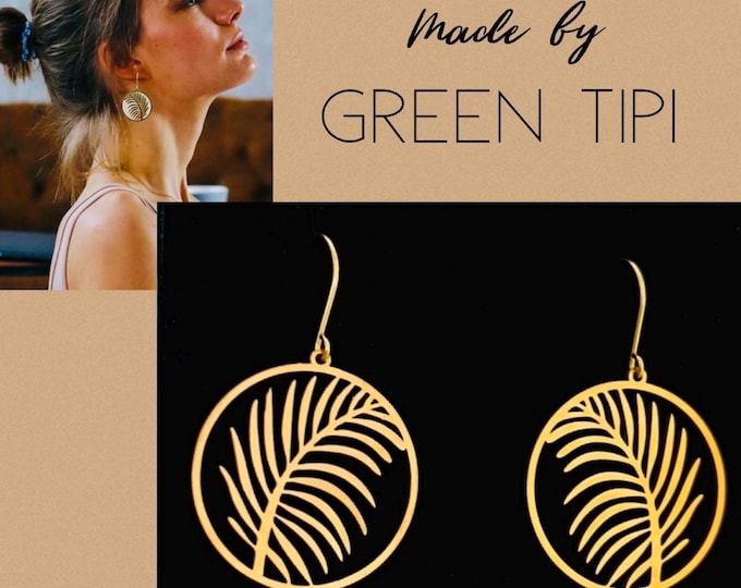 Palm leaf earrings*Palm leaf earrings hanging gold*Palm leaf earrings gold plated*Plant earrings gold*Circle earrings silver