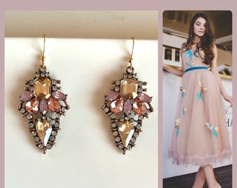 Earrings rose gold rose pink crystal earrings long/crystal earrings hanging rose gold flowers/statement earrings flower blossom/wedding bride