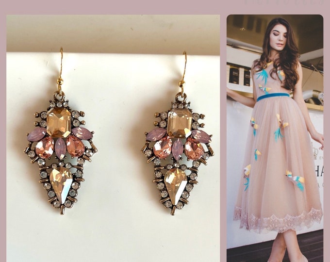 Earrings rose gold rose pink crystal earrings long/crystal earrings hanging rose gold flowers/statement earrings flower blossom/wedding bride
