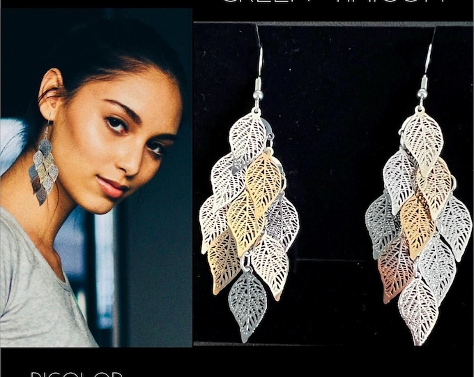 Leaf earrings hanging*Bicolor jewelry*Earrings bicolor hanging*Long earrings gold silver*Dangle earrings boho style*Light earrings leaf